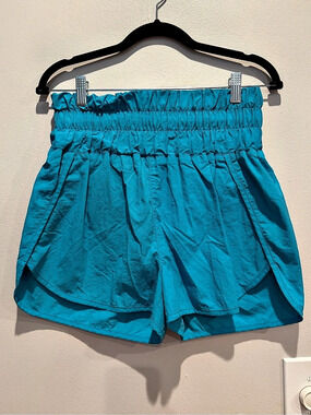 ZENANA Windbreaker Smocked Waistband Running Shorts in Blue